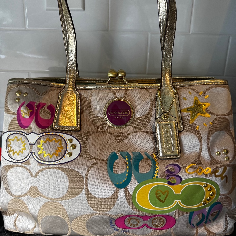 Coach Metallic Gold Graffiti Kisslock Tote – Style F17575 (NEW)